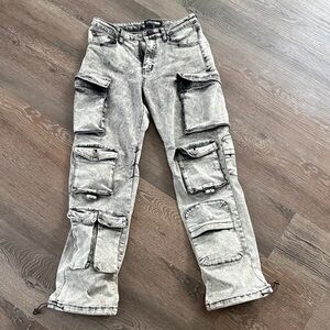 Fashion Nova Women's Gray Stonewash Cargo Straight Leg Jeans